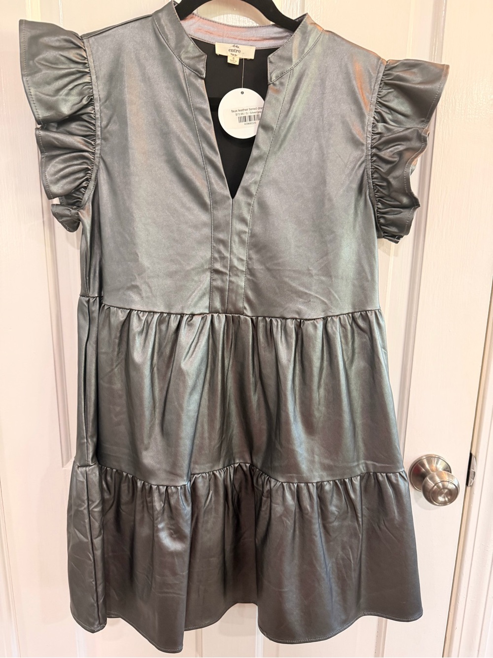 Metallic Silver Tiered Flutter Sleeve Dress Faux Leather